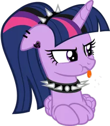 Size: 925x1059 | Tagged: safe, artist:aethon056, derpibooru import, editor:severity-gray, twilight sparkle, twilight sparkle (alicorn), alicorn, pony, alternate hairstyle, choker, collar, cute, ear piercing, eyeliner, eyeshadow, female, goth, image, makeup, piercing, png, raspberry, simple background, solo, tongue out, transparent background