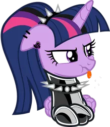 Size: 925x1059 | Tagged: safe, alternate version, artist:aethon056, derpibooru import, editor:severity-gray, twilight sparkle, twilight sparkle (alicorn), alicorn, pony, alternate hairstyle, choker, collar, cute, ear piercing, eyeliner, eyeshadow, female, goth, image, latex, latex suit, makeup, piercing, png, raspberry, simple background, solo, tongue out, transparent background