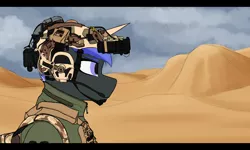 Size: 2660x1592 | Tagged: safe, artist:syntiset, derpibooru import, oc, oc:pixel shield, unofficial characters only, anthro, unicorn, anthro oc, armor, backpack, bags, camouflage, clothes, colored sketch, commission, desert, goggles, headphones, helmet, horn, image, jacket, looking at something, microphone, military, military uniform, multicolored hair, multicolored mane, night vision goggles, plate carrier, png, sketch, solo, tactical, unicorn oc, uniform
