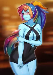 Size: 800x1143 | Tagged: suggestive, artist:tzc, derpibooru import, rainbow dash, equestria girls, absolute cleavage, alcohol, beach, black clothes, breasts, busty rainbow dash, cleavage, image, jpeg, looking at you, ocean