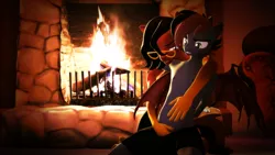 Size: 3840x2160 | Tagged: suggestive, artist:willitfit, derpibooru import, part of a set, oc, oc:benjamin terrance tover, oc:tristan sev, bat pony, bat pony oc, bat wings, cuddling, fireplace, image, lovemaking by the fire, png, wings