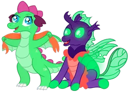 Size: 2800x2036 | Tagged: safe, artist:sweetielover, derpibooru import, oc, oc:goldigony, oc:sparkly emerald, unofficial characters only, changedling, changeling, dragon, derpibooru community collaboration, 2022 community collab, changeling oc, clothes, dragoness, female, glow, green changeling, happy, high res, image, male, png, simple background, sitting, standing, swimsuit, towel, transparent background