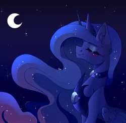 Size: 2048x2001 | Tagged: safe, artist:tessa_key_, derpibooru import, princess luna, alicorn, pony, crescent moon, eyes closed, image, jpeg, moon, smiling, solo