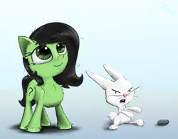 Size: 1550x1216 | Tagged: safe, artist:chopsticks, derpibooru import, angel bunny, boulder (pet), oc, oc:anonfilly, earth pony, pony, angel bunny is unamused, chest fluff, cute, ear fluff, female, filly, image, looking up, ocbetes, png, simple background, unshorn fetlocks