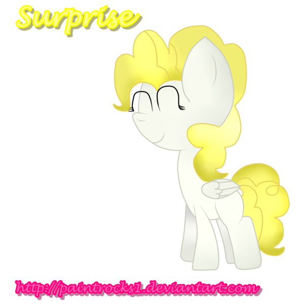 Size: 1024x1024 | Tagged: safe, artist:paintrocks1, derpibooru import, surprise, pegasus, pony, adoraprise, cute, eyes closed, female, folded wings, g1, g1 to g4, g4, generation leap, image, mare, pink text, png, simple background, smiling, text, transparent background, wings, yellow text