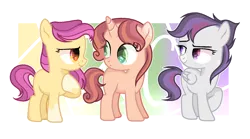 Size: 1718x958 | Tagged: safe, artist:moonnightshadow-mlp, derpibooru import, oc, oc:blossom, oc:lily belle, oc:sky thunder, unofficial characters only, earth pony, pegasus, pony, unicorn, female, filly, image, offspring, parent:apple bloom, parent:button mash, parent:rumble, parent:scootaloo, parent:sweetie belle, parent:tender taps, parents:rumbloo, parents:sweetiemash, parents:tenderbloom, png