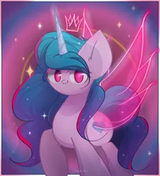 Size: 2000x2200 | Tagged: safe, artist:miryelis, derpibooru import, izzy moonbow, pony, artificial wings, augmented, crown, cute, g5, gradient background, gradient mane, horn, image, jewelry, looking at you, magic, magic wings, png, regalia, smiling, smiling at you, solo, stars, wings