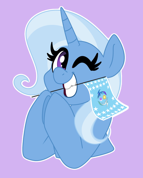 Size: 1280x1587 | Tagged: safe, alternate version, artist:bobaratblast, edit, editor:edits of hate, editor:unofficial edits thread, trixie, pony, unicorn, bust, equestrian flag, female, flag, hooves together, image, looking at you, mare, mouth hold, one eye closed, png, solo, underhoof, wink