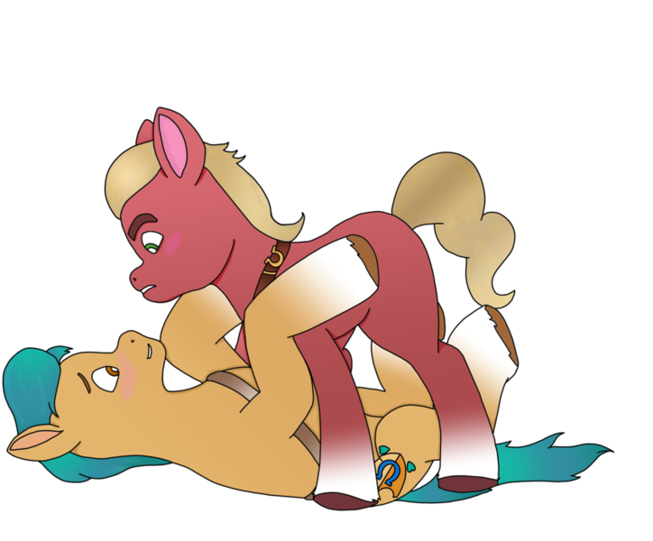 Size: 937x777 | Tagged: safe, artist:secret170193, derpibooru import, hitch trailblazer, sprout cloverleaf, earth pony, pony, blushing, coat markings, eye contact, g5, gay, hitchsprout, image, looking at each other, lying down, male, on back, png, shipping, simple background, socks (coat marking), stallion, transparent background, unshorn fetlocks