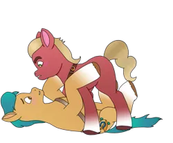 Size: 937x777 | Tagged: safe, artist:secret170193, derpibooru import, hitch trailblazer, sprout cloverleaf, earth pony, pony, blushing, coat markings, eye contact, g5, gay, hitchsprout, image, looking at each other, lying down, male, on back, png, shipping, simple background, socks (coat marking), stallion, transparent background, unshorn fetlocks