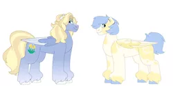 Size: 1280x640 | Tagged: safe, artist:itstechtock, derpibooru import, oc, oc:daffodil, oc:skywriter, pegasus, pony, female, image, jpeg, mare, offspring, parent:helia, parent:stormbreaker, simple background, white background