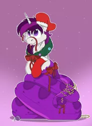 Size: 2136x2920 | Tagged: safe, artist:rokosmith26, derpibooru import, oc, oc:curiosity cosmos, unofficial characters only, lamia, original species, snake, snake pony, bow, cheek fluff, christmas, christmas lights, christmas stocking, christmas wreath, clothes, commission, fangs, floppy ears, holiday, horn, image, leggings, looking up, male, one ear down, png, ribbon, scales, simple background, sitting, smiling, snake tail, solo, sweat, sweatdrop, tail, tongue out, tooth, unicorn horn, wreath, ych result