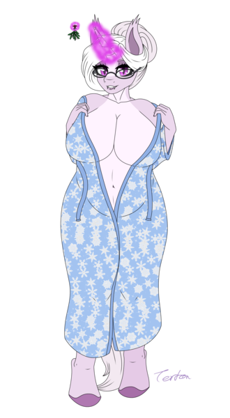 Size: 2200x4000 | Tagged: suggestive, artist:tertonda, derpibooru import, oc, oc:wisteria thorn, unofficial characters only, anthro, bat pony, bat pony unicorn, hybrid, unguligrade anthro, unicorn, anthro oc, bathrobe, clothes, commission, digital art, fangs, female, glasses, hair bun, horn, image, png, robe, simple background, slit pupils, transparent background, undressing, unicorn oc