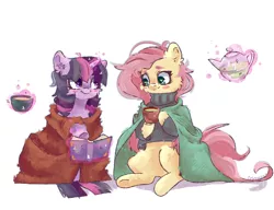 Size: 4300x3300 | Tagged: safe, artist:colorochka, derpibooru import, fluttershy, twilight sparkle, pegasus, pony, blanket, blush sticker, blushing, book, cheek fluff, clothes, cozy, duo, ear fluff, female, food, glow, glowing horn, heart eyes, high res, hoof hold, horn, hot drink, image, levitation, looking at each other, looking at someone, magic, mare, mug, png, raised hoof, simple background, sitting, smiling, sweater, sweatershy, tea, teapot, telekinesis, white background, wingding eyes