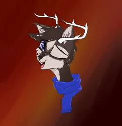 Size: 1280x1321 | Tagged: safe, artist:aurorakins, derpibooru import, oc, oc:devo, unofficial characters only, deer, deer pony, original species, antlers, clothes, deer oc, image, jpeg, looking at you, one eye closed, scarf, solo, wink, winking at you