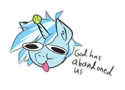 Size: 1280x926 | Tagged: safe, artist:aurorakins, derpibooru import, oc, oc:aurora, unofficial characters only, unicorn, ball, image, png, silly, solo, tennis ball, text, tongue out