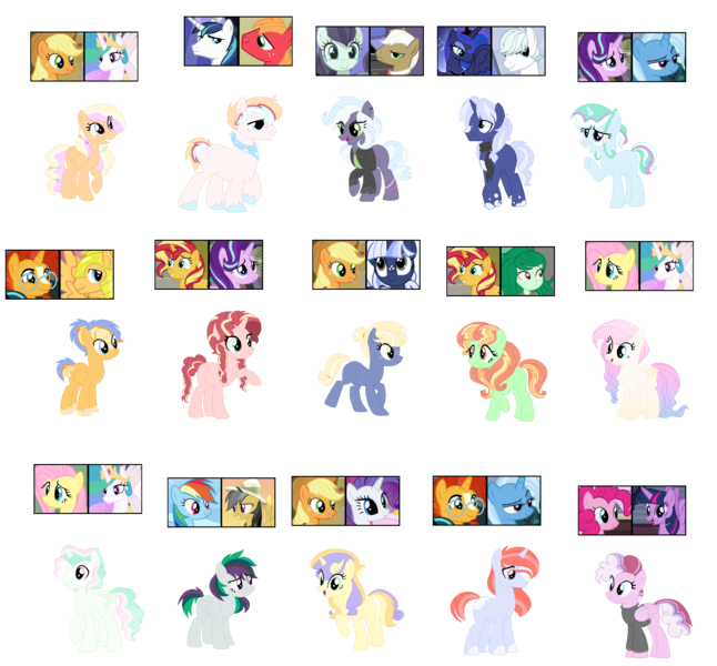 Size: 2698x2506 | Tagged: safe, artist:tragedy-kaz, derpibooru import, applejack, big macintosh, coloratura, flash sentry, pinkie pie, princess celestia, shining armor, starlight glimmer, sunburst, sunset shimmer, trixie, twilight sparkle, twilight sparkle (alicorn), wallflower blush, oc, alicorn, earth pony, pegasus, pony, base used, female, image, magical gay spawn, magical lesbian spawn, male, mare, offspring, parent:applejack, parent:big macintosh, parent:coloratura, parent:daring do, parent:flash sentry, parent:fluttershy, parent:pinkie pie, parent:princess celestia, parent:rainbow dash, parent:rarity, parent:shining armor, parent:starlight glimmer, parent:sunburst, parent:sunset shimmer, parent:trixie, parent:twilight sparkle, parent:wallflower blush, parents:daringdash, parents:rarijack, parents:startrix, parents:twinkie, png, screencap reference, simple background, stallion, transparent background