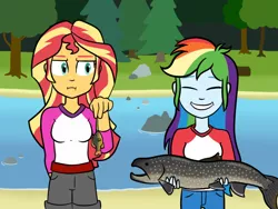 Size: 640x480 | Tagged: safe, artist:scraggleman, derpibooru import, rainbow dash, sunset shimmer, fish, equestria girls, eyes closed, forest, image, png, river, smiling, sunset shimmer is not amused, tree, unamused