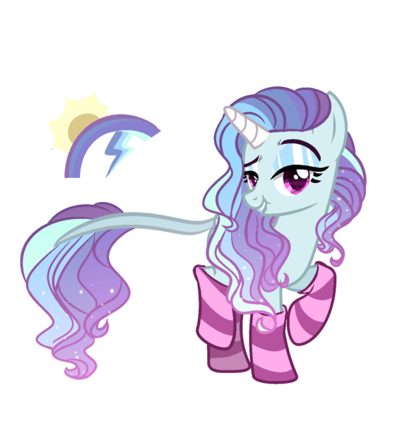 Size: 1467x1511 | Tagged: safe, artist:just-silvushka, derpibooru import, oc, unofficial characters only, pony, unicorn, base used, clothes, eyelashes, female, horn, image, leonine tail, magical lesbian spawn, makeup, mare, offspring, parent:princess celestia, parent:rainbow dash, png, raised hoof, simple background, smiling, socks, solo, striped socks, tail, transparent background, unicorn oc