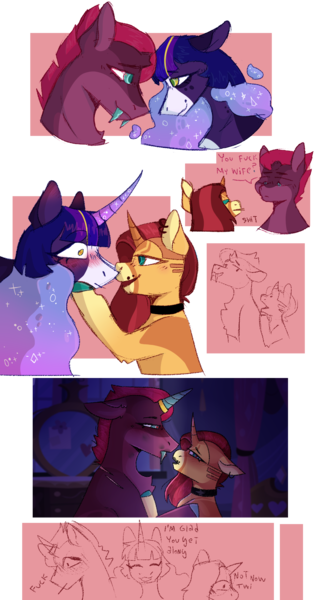 Size: 1080x2000 | Tagged: safe, artist:winter-crispy, derpibooru import, fizzlepop berrytwist, sunset shimmer, tempest shadow, twilight sparkle, twilight sparkle (alicorn), alicorn, pony, unicorn, alternate design, bedroom eyes, blushing, choker, crystal horn, curved horn, ethereal mane, fangs, female, horn, image, lesbian, looking at each other, looking at someone, mare, png, polyamory, shipping, starry mane, sunsetsparkle, tempest gets her horn back, tempestlight, tempestshimmer, tempestshimmerlight