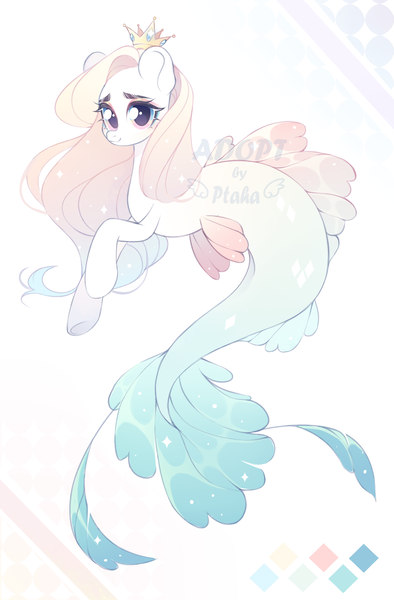 Size: 2300x3500 | Tagged: safe, artist:uni-honey, derpibooru import, oc, unofficial characters only, seapony (g4), adoptable, auction, crown, dorsal fin, female, fins, fish tail, flowing mane, flowing tail, image, jewelry, looking at you, png, regalia, simple background, smiling, smiling at you, solo, sparkles, tail, watermark, white background