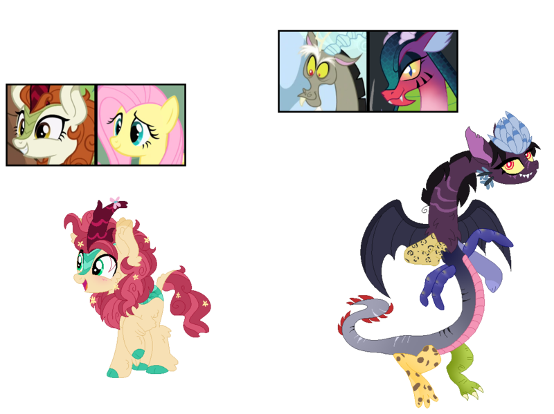 Size: 1256x941 | Tagged: safe, artist:tragedy-kaz, derpibooru import, fluttershy, oc, draconequus, kirin, pegasus, pony, base used, draconequus oc, female, image, magical lesbian spawn, male, mare, offspring, parent:autumn blaze, parent:cosmos, parent:discord, parent:fluttershy, parents:autumnshy, parents:coscord, png, screencap reference, simple background, smiling, transparent background