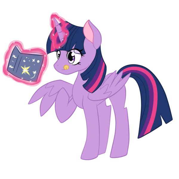 Size: 1000x1000 | Tagged: safe, artist:tragedy-kaz, derpibooru import, twilight sparkle, twilight sparkle (alicorn), alicorn, pony, book, eyelashes, female, glow, glowing horn, horn, image, licking, licking lips, magic, mare, png, raised hoof, reading, simple background, smiling, solo, telekinesis, tongue out, transparent background, wings