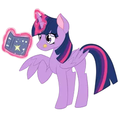 Size: 1000x1000 | Tagged: safe, artist:tragedy-kaz, derpibooru import, twilight sparkle, twilight sparkle (alicorn), alicorn, pony, book, eyelashes, female, glow, glowing horn, horn, image, licking, licking lips, magic, mare, png, raised hoof, reading, simple background, smiling, solo, telekinesis, tongue out, transparent background, wings