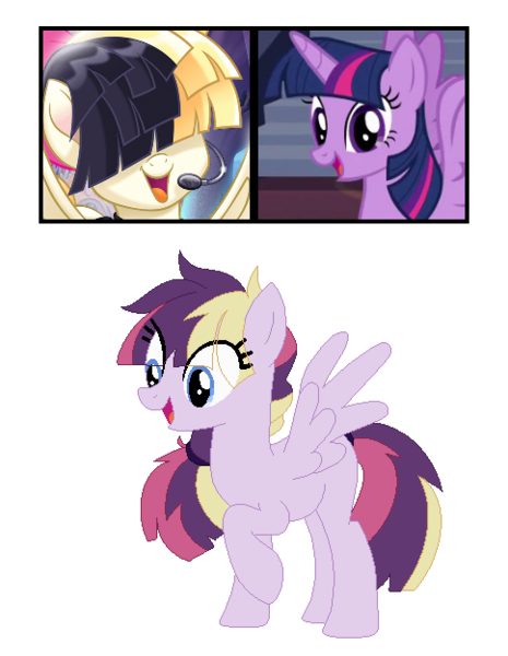 Size: 484x625 | Tagged: safe, artist:tragedy-kaz, derpibooru import, songbird serenade, twilight sparkle, twilight sparkle (alicorn), oc, alicorn, pegasus, pony, my little pony: the movie, base used, eyelashes, hair over eyes, headworn microphone, horn, image, magical lesbian spawn, offspring, parent:songbird serenade, parent:twilight sparkle, parents:songlight, png, screencap reference, simple background, smiling, transparent background, wings