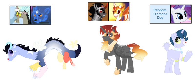 Size: 1911x790 | Tagged: safe, artist:tragedy-kaz, derpibooru import, daybreaker, king sombra, rarity, oc, alicorn, bear, dog, dog pony, draconequus, pony, unicorn, ursa, ursa major, alicorn oc, base used, draconequus oc, female, horn, image, male, mare, parent:daybreaker, parent:diamond dog, parent:discord, parent:king sombra, parent:rarity, parent:ursa major, png, screencap reference, simple background, stallion, transparent background, wings