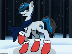 Size: 1920x1440 | Tagged: safe, artist:doodle-hooves, derpibooru import, oc, oc:solar gizmo, unofficial characters only, pony, unicorn, blue eyes, clothes, commission, cute, eyebrows, eyebrows visible through hair, gloves, horn, image, jpeg, male, mittens, scarf, smiling, snow, snowflake, solo, stallion, tail, two toned mane, two toned tail, unicorn oc, ych result