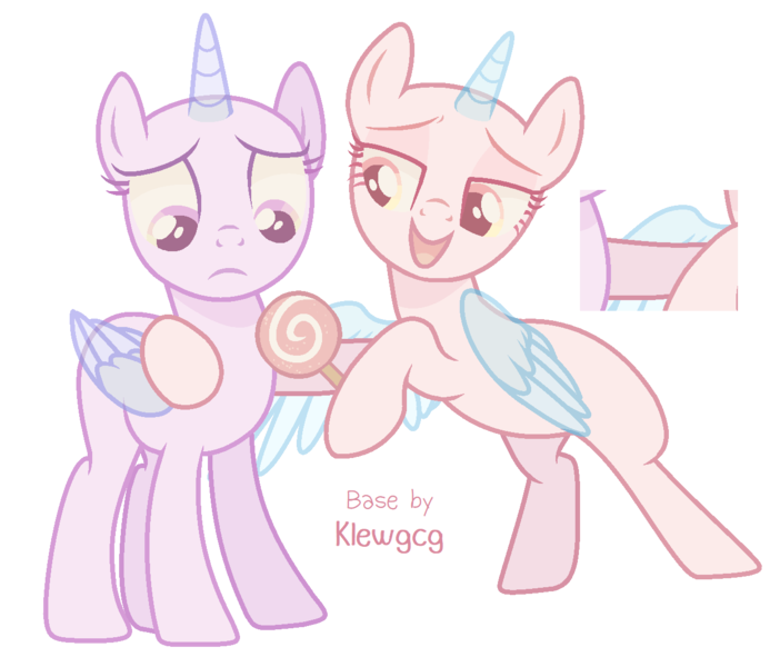 Size: 1293x1120 | Tagged: safe, artist:klewgcg, derpibooru import, oc, unofficial characters only, alicorn, pony, alicorn oc, bald, base, candy, duo, eyelashes, female, food, frown, hoof hold, horn, image, lollipop, mare, png, side hug, simple background, smiling, transparent background, wings