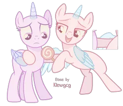 Size: 1293x1120 | Tagged: safe, artist:klewgcg, derpibooru import, oc, unofficial characters only, alicorn, pony, alicorn oc, bald, base, candy, duo, eyelashes, female, food, frown, hoof hold, horn, image, lollipop, mare, png, side hug, simple background, smiling, transparent background, wings