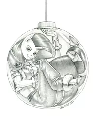 Size: 1000x1276 | Tagged: suggestive, artist:baron engel, derpibooru import, rarity, anthro, unguligrade anthro, unicorn, breasts, busty rarity, christmas, cleavage, female, grayscale, holiday, image, jpeg, looking at you, monochrome, ornament, pencil drawing, solo, solo female, traditional art