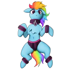 Size: 4096x4096 | Tagged: suggestive, artist:s410, derpibooru import, rainbow dash, pegasus, pony, branties, chest fluff, clothes, collar, colored pupils, crotchboobs, cuffs, floppy ears, image, nudity, png, simple background, solo, transparent background, underwear