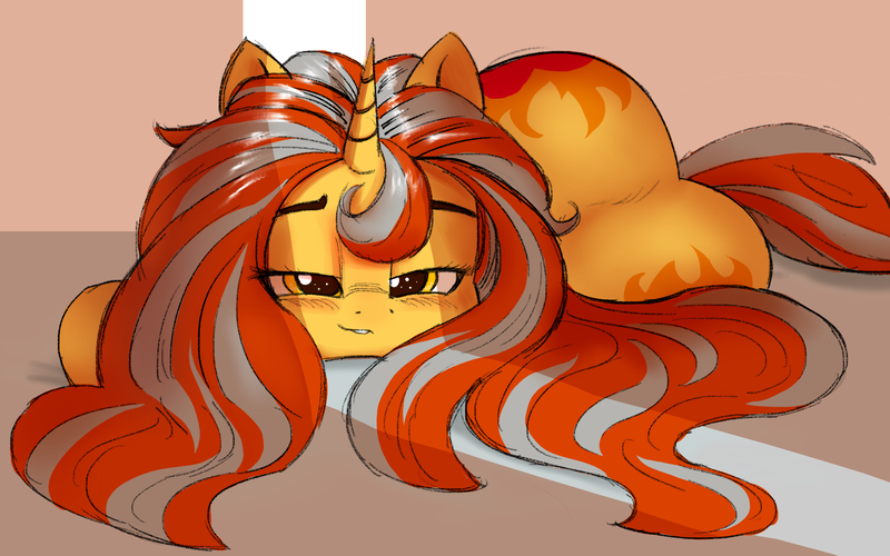 Size: 1630x1019 | Tagged: suggestive, alternate version, artist:ahobobo, derpibooru import, oc, oc:cinderheart, unofficial characters only, pony, unicorn, bed, bedroom eyes, blushing, butt, female, image, implied butt expansion, implied growth, large butt, long hair, long mane, mare, png, solo, solo female, sunlight