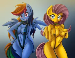 Size: 900x694 | Tagged: suggestive, artist:danmakuman, artist:d-xross, derpibooru import, fluttershy, rainbow dash, anthro, absolute cleavage, belly button, bikini, breasts, busty fluttershy, busty rainbow dash, cleavage, clothes, female, females only, high quality, image, png, sling bikini, stupid sexy fluttershy, stupid sexy rainbow dash, swimsuit, wide hips