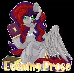 Size: 2479x2441 | Tagged: safe, artist:missmele-madness, derpibooru import, oc, oc:evening prose, unofficial characters only, pegasus, pony, badge, book, female, freckles, image, jewelry, mare, necklace, pearl necklace, png