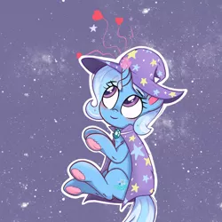 Size: 1244x1244 | Tagged: safe, artist:kqaii, derpibooru import, trixie, pony, unicorn, abstract background, cape, clothes, female, floating heart, frog (hoof), glow, glowing horn, hat, heart, horn, image, jpeg, mare, outline, solo, trixie's cape, trixie's hat, underhoof, white outline