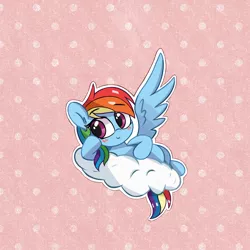 Size: 1620x1620 | Tagged: safe, artist:kqaii, derpibooru import, rainbow dash, pegasus, pony, chibi, cloud, cute, dashabetes, image, jpeg, lying down, lying on a cloud, on a cloud, one wing out, outline, polka dot background, solo, supporting head, white outline, wings
