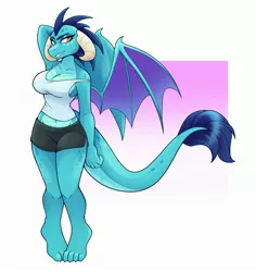 Size: 2625x2775 | Tagged: safe, artist:ambris, derpibooru import, princess ember, anthro, dragon, plantigrade anthro, arm behind head, barefoot, breasts, busty princess ember, clothes, dragoness, eyebrows, eyelashes, feet, female, grin, horns, image, jpeg, looking at you, midriff, pigeon toed, shorts, sideboob, smiling, solo, tanktop, wings
