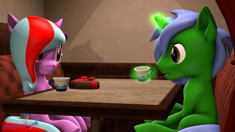 Size: 3840x2160 | Tagged: safe, artist:melodiousmarci, derpibooru import, oc, oc:omega(phosphorshy), oc:star beats, pegasus, unicorn, 3d, chocolate, curtains, date, food, image, looking at each other, looking at someone, magic, magic aura, melodiousphosphor, oc x oc, png, shipping, source filmmaker, table, tea