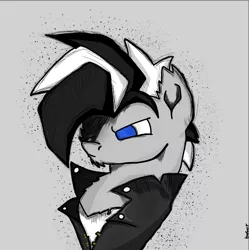 Size: 967x969 | Tagged: safe, derpibooru import, oc, oc:cendre, earth pony, angry, black and white, blue eyes, clothes, earth pony oc, gray fur, grayscale, image, jacket, jpeg, monochrome, punk