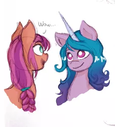 Size: 3024x3337 | Tagged: safe, artist:voxaro, derpibooru import, izzy moonbow, sunny starscout, my little pony: a new generation, g5, image, looking at each other, looking at someone, png, simple background, sketch