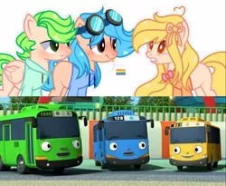 Size: 1500x1230 | Tagged: safe, alternate version, artist:soiar-deityyt, derpibooru import, ponified, pony, base used, bust, female, group, hasbro, image, jpeg, lani (tayo the little bus), male, my little pony, pride flag, rogi (tayo the little bus), south korea, tayo (tayo the little bus), tayo the little bus, trio