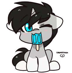 Size: 1969x2000 | Tagged: safe, artist:cottonsweets, derpibooru import, oc, oc:cyan delta, unofficial characters only, pony, unicorn, commission, cute, floppy ears, food, image, male, one eye closed, png, popsicle, redesign, solo, ych result