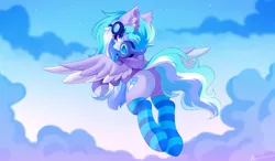 Size: 7216x4213 | Tagged: safe, alternate version, artist:airiniblock, derpibooru import, oc, oc:skydrive, unofficial characters only, pegasus, clothes, headphones, hoodie, image, pegasus oc, png, rcf community, sky, socks, wings