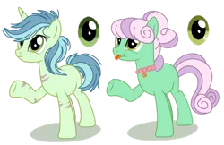 Size: 1280x830 | Tagged: safe, artist:venomous-cookietwt, derpibooru import, oc, unofficial characters only, earth pony, pony, unicorn, base used, female, image, magical lesbian spawn, mare, offspring, parent:bon bon, parent:lyra heartstrings, parents:lyrabon, png, scar, simple background, tongue out, transparent background