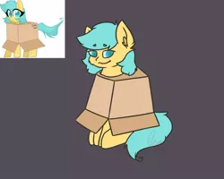 Size: 1000x800 | Tagged: safe, artist:mlemmlem0w0, artist:softpound, derpibooru import, oc, oc:boxfilly, unofficial characters only, pegasus, pony, box, cardboard box, ear fluff, female, filly, image, jpeg, pegasus oc, simple background, sitting, smug, wings