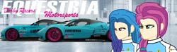 Size: 4091x1205 | Tagged: safe, artist:forzaveteranenigma, derpibooru import, edit, izzy moonbow, sunny starscout, human, fanfic:equestria motorsports, equestria girls, my little pony: a new generation, braid, car, determination, determined, determined face, determined look, ear piercing, earring, ferrari, ferrari 458 italia gtc, ferrari 599 gto, forza motorsport, forza motorsport 7, g5, garage, human coloration, image, jewelry, livery, long hair, piercing, png, racing suit, serious, serious face, watermark